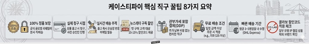 케이스티파이 핵심 직구 꿀팁 8가지 요약 - 정품 보장, 결제 시점, 배송 추적, 뉴스레터 할인, 관부가가세(DDP), 무료 배송 조건, 배송 기간, 콜라보 적용 여부 안내 인포그래픽