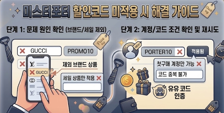 미스터포터 할인코드 미적용 해결 방법 쿠폰 오류 제외 브랜드 세일 상품 첫구매 계정 중복 제한 확인 안내