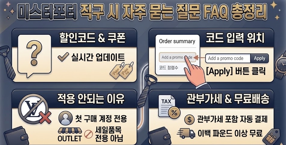 미스터포터 직구 자주 묻는 질문 FAQ 총정리 할인코드 입력 위치 미적용 이유 관부가세 포함 자동 결제 무료 배송 기준 안내