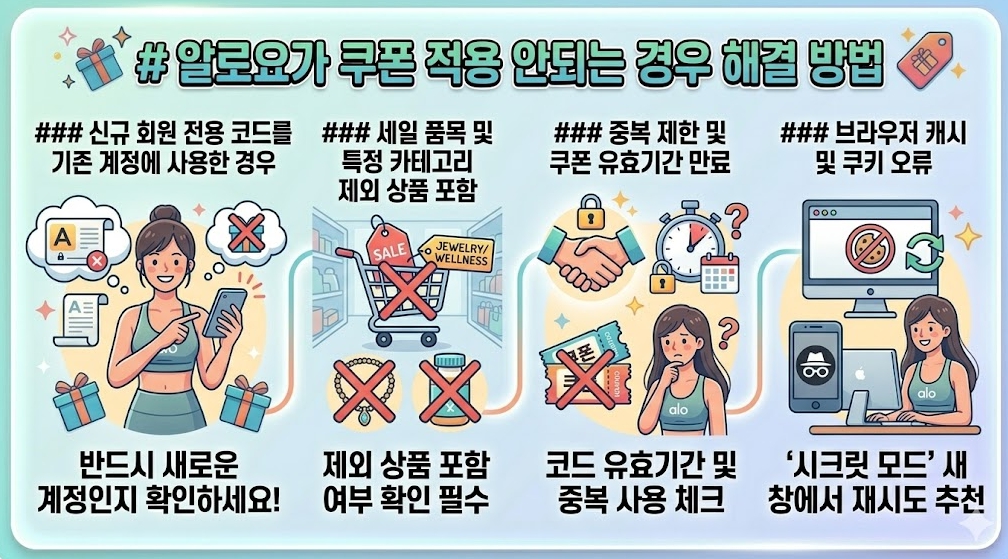 알로요가 할인코드 쿠폰 적용 안되는 경우 원인 및 해결 방법 요약 안내